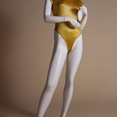 S/S 1986 Alaïa runway yellow bodysuit with snap closure and cap sleeve 