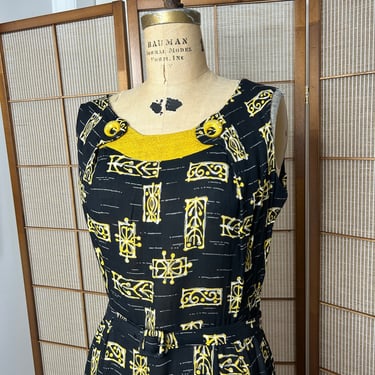 Late 50s MCM Tiki Dress Black and Yellow Abstract 40 Bust Vintage 