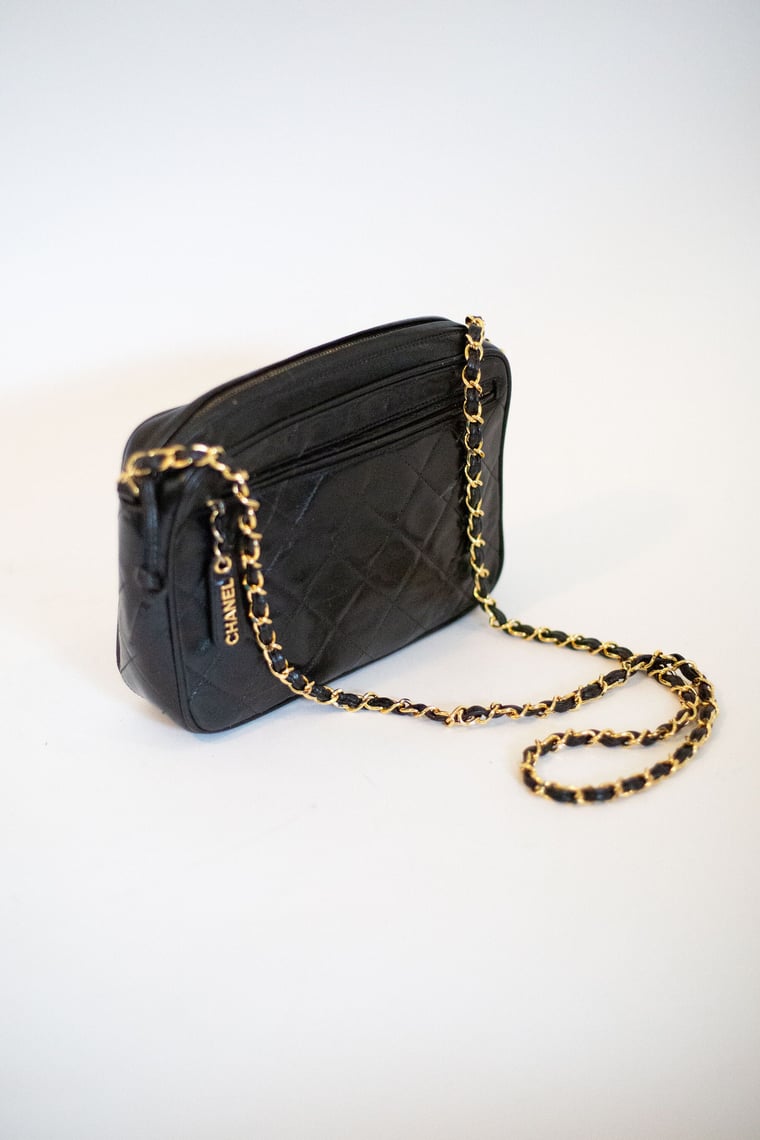Vintage CHANEL 1996 Black Leather Quilted Camera Bag with Gold Chain, Backroom Clothing