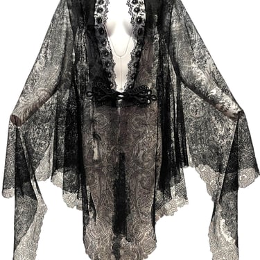 MORPHEW ATELIER Black Antique Silk Chantilly Lace Caped Duster 