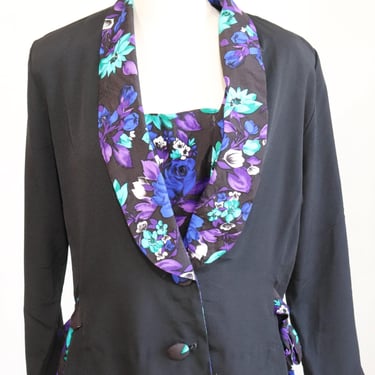 Vintage 1980s Blouse w/ Tuxedo Lapels & Floral Trim Black Size 14 Retro 