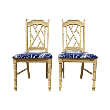 Set of 2 Vintage Faux Bamboo Dining Chairs - Hollywood Regency Fretwork Palm Beach Furniture Pair 