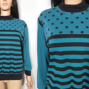 Vintage 90s Teal Polka Dot And Striped Mock Neck Tshirt Size S/M 