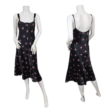 Y2K Morgan Taylor Black Poly Satin Bias Cut Polka Dot Ditsy Floral Print Slip I Sz Med I Slip Dress 