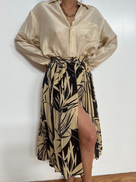 Vintage Black &amp; Beige Foliage Print Skirt