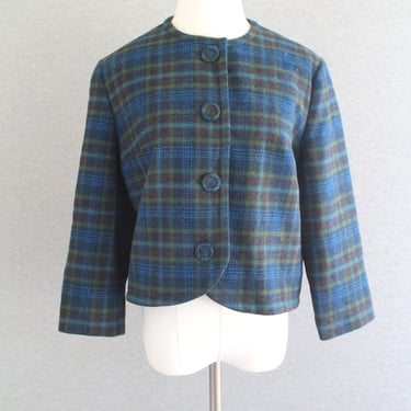 1950s - Wool - Cropped Jacket - Jackie O - Mid Century Modern - Blue Plaid 