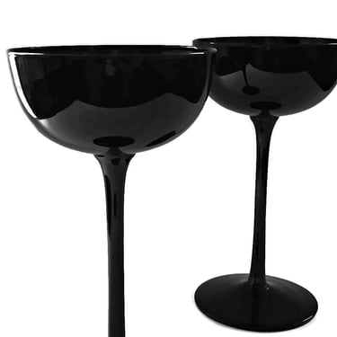 2 Coupe champagne glasses Tall cocktail stemware in Gothic black, Wedding toasting glass set, Gift for the bride & groom 