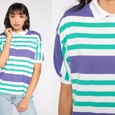 Striped TShirt 80s Collared T Shirt Green Purple Soft Shirt Retro Tee Vintage White Large 