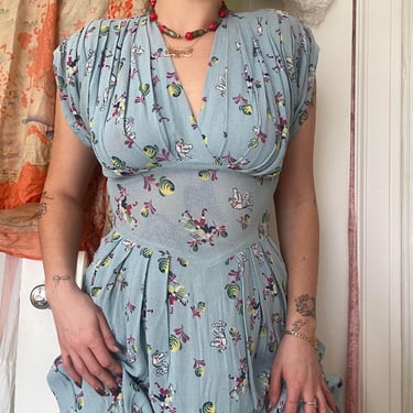 1940s Novelty Print Horse Blue Dress with Gathered Deep V Bust size Small 