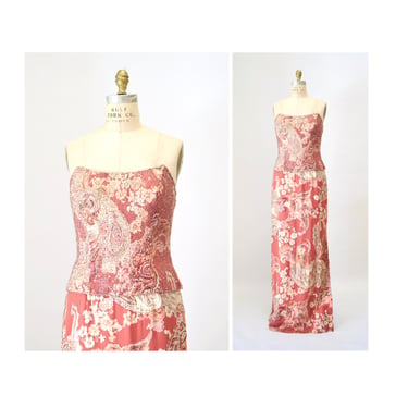Vintage 00s Y2K Strapless Beaded Evening Gown Dress Silk Burn out Pink Dress Coral Floral Paisley Silk Sequin Dress Small Medium 