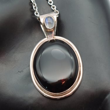 80's black onyx blue flash moonstone 925 silver pendant, sterling gemstone mystic hippie necklace 