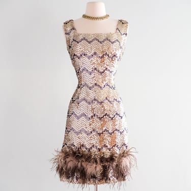 Vintage 1960's Zig-Zag Feather & Sequin Cocktail Dress / S