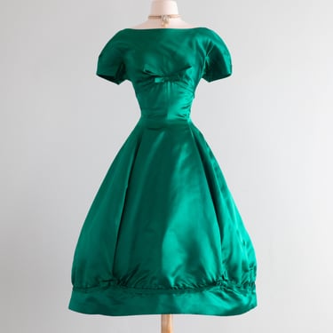 Stunning 1950's Harvey Berin Emerald Silk Party Dress With Bows / SM