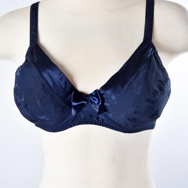 36C French Vintage BRA by ROSY Blue Underwire Push Up Lingerie Pinup Sexy, Navy Dark Blue, Center Bow, Silk Satin Damask 