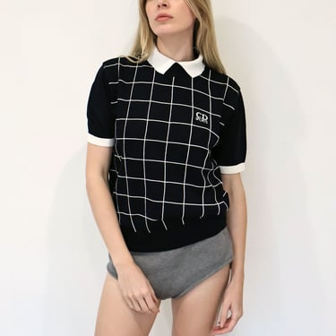 Vintage Christian Dior Sports Navy Logo Collared Check Print Sweater with Ribbed Knit Trim CD Sport 1990s Unisex Tennis Golf Y2K 