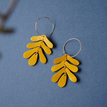 Botanical Leaf Hoop Earrings in Ochre - Mustard Yellow Oak Leaf Leather Statement Earrings on 14K Gold-Plated Hoops and Hooks 