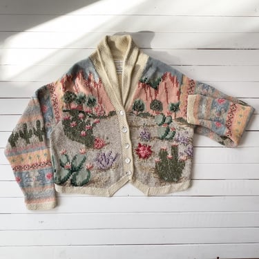 embroidered cardigan sweater 90s vintage Marisa Christina pastel desert cactus cropped cardigan 