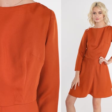 70s Mini Dress Burnt Orange Dress Fit and Flare High Waisted Boho Plain Boatneck Retro Vintage Long Sleeve 1970s Minidress Bohemian Small 