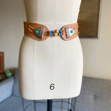 Vintage 80's Leather Beaded Belt, Western Style, XS S 