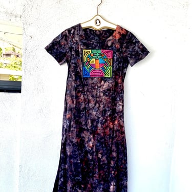 Vintage Mola Panama Tie Dye Dress Cancer Crab Quilted Appliqué Dress 