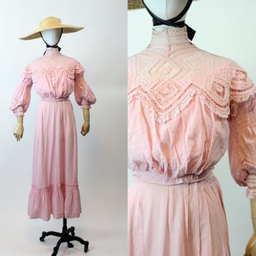 antique PINK EDWARDIAN cotton BLOUSE skirt set xxs | new spring summer 