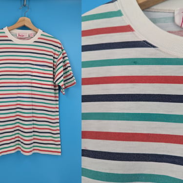 Vintage 90s Small Colorful Striped Short Sleeve Pocket Tee - Nineties Short Sleeve Authentically Vintage Well Worn T-shirt 