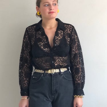 90s sheer lace blouse / vintage black lace see thru sheer blouse over shirt | S 