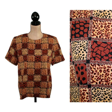 90s Polyester Short Sleeve Blouse Medium, Earth Tone Animal Print Boxy Top, Round Neck Shell Career Clothes Women Vintage Clothing NOTATIONS 