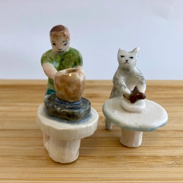 Miniature Ceramic Cat Potters | Handmade Tiny Cat Figurine Wheel Throwing | Hand-painted Micro Cats | Cat on a Laptop | Handmade Miniatures 