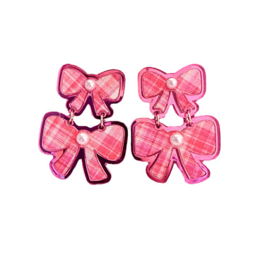 Pink Plaid Double Bow Earrings