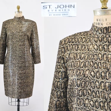 90s Vintage Animal Print St John Dress Metallic Knit Dress St John // Animal Print Metallic Party Dress Sweater Knit Dress 12 Medium Large 