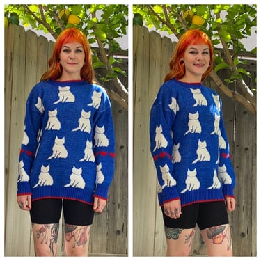 Vintage 1980’s Blue and White Cat Sweater 