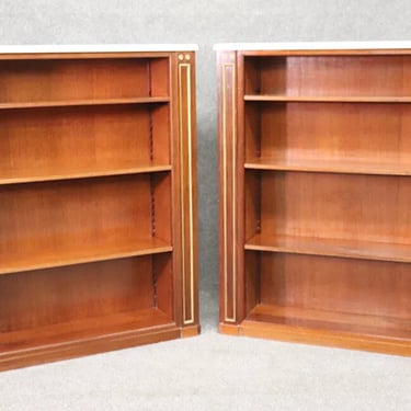 Pair of Signed Maison Jansen Marble Top Brass Trimmed Bookcases Book Shelves