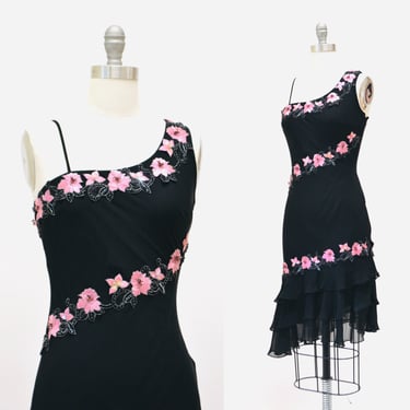 Vintage 90s 00s Y2K Bias Cut Silk Dress Black Silk Ruffle Asymmetrical Beaded Floral Dress one Shoulder Dress XS Small Silk Dress Sue Wong 