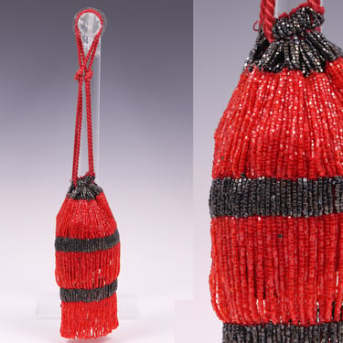 Vintage 1920's Red & Pewter Beaded Flapper Purse • 20's Deco Drawstring Handbag 