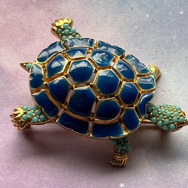 Ciner turtle brooch vintage enamel navy and turquoise signed lapel pin 