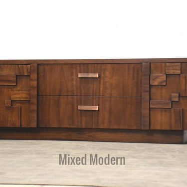 Brutalist Walnut Low 66” Stuccato Credenza by Lane 