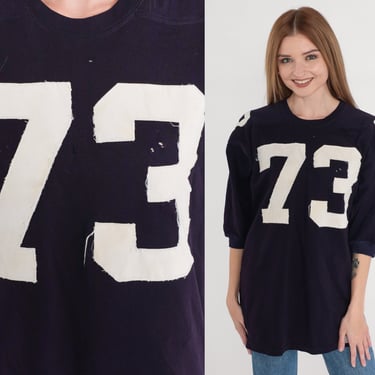 73 Football Jersey Shirt 70s Numbered Seventy Three Tshirt Navy Blue Athletic Tee Distressed Short Sleeve Sports Vintage 1970s Medium Large 