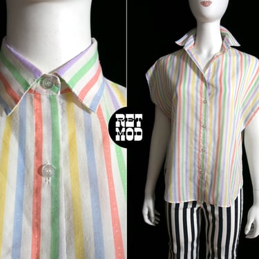 Cool Vintage 80s Pastel Rainbow Stripe Button Down Collared Shirt 