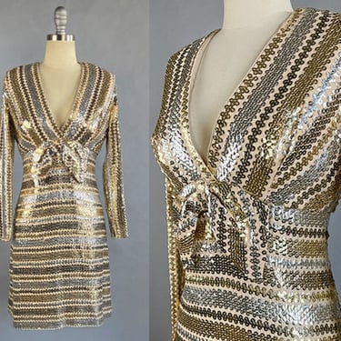 1960s Party Dress / Gold and Silver Sequined Party Dress / Metallic Cocktail Dress / Dress with Bow / Size Large 