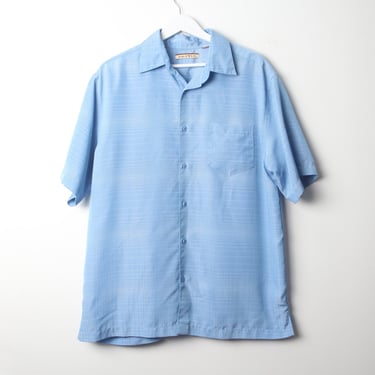 vintage SILKY blue bowler y2k sky blue vintage OVERSIZE textured silky button down BOWLER shirt -- size Large 