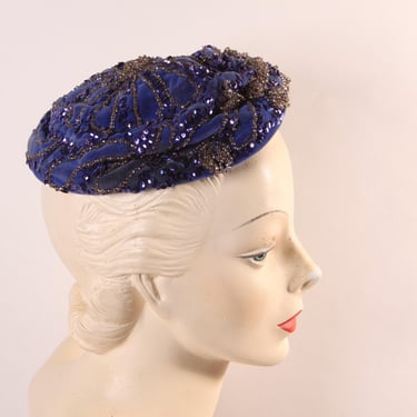 1950s Periwinkle Purple Blue Velvet Beaded and Sequin Trim Formal Hat by Hatiques 