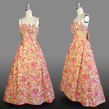 1950s Emma Domb Gown / 1950s Pink Evening Gown /1950s Pink & Orange Floral Gown with Rhinestones / Emma Domb Dress /Size X-S Small 