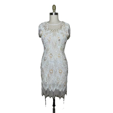 Vintage 80's Cache White Cream Silk Beaded Sequin Flapper Style Dress, Size 4 