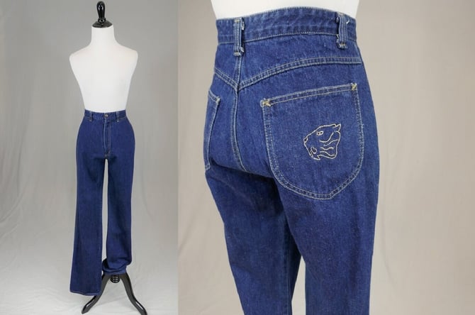 80s Sabertooth Tiger Jeans - 28 waist - Embroidered Pockets - High Rise Waisted Denim - Vintage 1980s - 33.5" insean tall long 