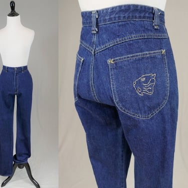 80s Sabertooth Tiger Jeans - 28 waist - Embroidered Pockets - High Rise Waisted Denim - Vintage 1980s - 33.5" insean tall long 