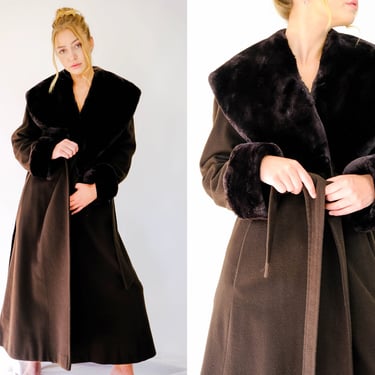 Vintage 80s Scaasi for Saks Fifth Avenue Chocolate Brown Wool Belted Overcoat w/ Genuine Fur Collar | Made in USA | 1980s Designer Jacket 