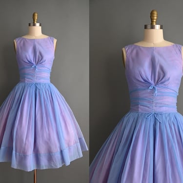 vintage 1950s Dress | Gorgeous Fluttery Chiffon Blue Full Skirt Holiday Party Dress | Small 