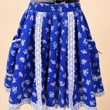 Blue Floral Flouncy 80s Hoedown Mini Skirt with Lace By Malco Modes, S