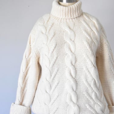 90s vintage angora sweater, mohair vintage sweater, cream turtleneck cableknit, long sleeves, 1990s white overhead sweater 